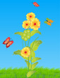 Yellow flower on field with multi colored butterflies flying around it. Vector illustration.