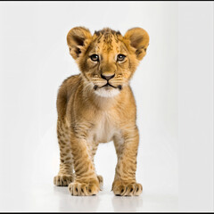 Wall Mural - a small lion cub standing on a white surface