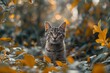 Un gato pardo entre las hojas secas de otoño. Gatito sigiloso acechando 