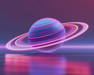 The image is a 3D rendering of a planet with a glowing atmosphere. The planet is surrounded by a series of rings.