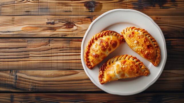 A white plate surrounded by four empanadas neatly lined up on it. Empanadas have a crispy, crunchy shell, with a mouth-watering filling. Ai generated Images