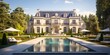 
Luxury property banner featuring an elegant mansion with grandiose architecture, manicured gardens, and a sparkling swimming pool, against a backdrop of lush greenery and opulent surroundings, appeal