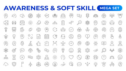 Set of self awareness icons. Thin linear style icons Pack.Vector Illustration.Volunteering set. Outline set volunteering vector icon. Soft skills icon Containing communication, empathy, assertiveness.