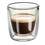 Transparent double-walled glass cup with a coffee drink inside.
