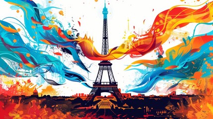 abstract bright poster illustration of Eiffel Tower, 2024 Summer Olympics, Paris