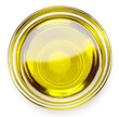 Glass bowl of olive oil on white background, top view. File contains clipping path.