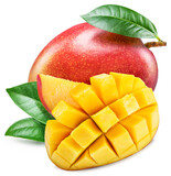 Fototapeta  - Mango fruit with green leaf and mango cut in hedgehog style on white background. File contains clipping path.