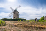 Fototapeta  - The eponymous windmill of famous french red wine situated near Romanèche-Thorins.