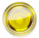 Fototapeta  - Glass bowl of olive oil on white background, top view. File contains clipping path.