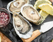 Opened raw oysters with sauce and lemon slices on gray stone serving board. Delicacy food.