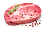 Fototapeta  - Raw ribeye steak with pepper corns and rosemary isolated on white background.