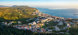 Fototapeta  - Drone aerial view on Sesimbra, fishing town in Setubal district in Portugal.