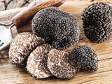 Fototapeta  - Summer truffles and truffle slices isolated on white background. Close-up.