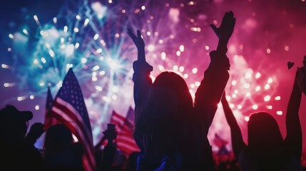 silhouette of people celebrate with Flag of USA and firework, 4th of July concept background 