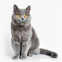 Canvas Print - a gray cat with yellow eyes sitting on a white surface