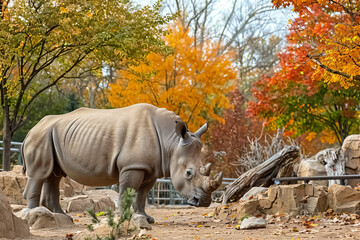 a rhino standing in a zoo enclosure with trees in the background