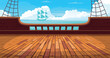 Empty deck on a ship. Hand drawing game background. Vector. Cartoon.