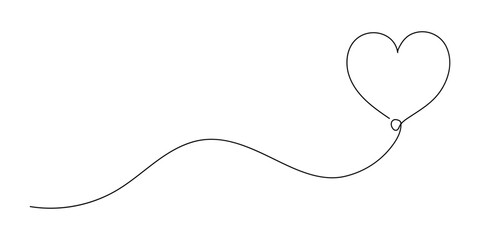 Heart balloon continuous one line drawing, black and white vector minimalistic illustration of love concept made from one line. Vector graphics of romance