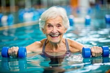 An elderly woman swims and does water aerobics in a heated pool, a happy and smiling retired woman. Recreational water sports.