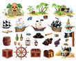 Big set of pirates with islands, ships, barrels, chests. Set of elements for the game. Cartoon, vector.