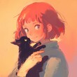 A girl is holding a black cat