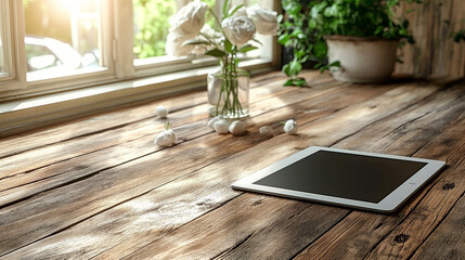 Wall Mural - A tablet sits on a wooden table with a vase of flowers in the foreground