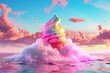 a big sugary ice cream on a surreal rock  on a pinky pastel landscape background, 