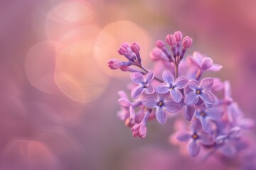 Sticker - Delicate purple lilac flower in full bloom with a blurry background, bathed in warm sunlight