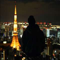 a guy from the back looks down the Tokyo Tower at Night