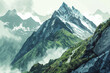 Vibrant green trails lead adventurers to the snowy peaks of a mountain, shrouded in mist. AI Generated