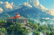 Behold the grandeur of Costa Rica's capitol building, standing proudly before a volcanic landscape in this stunning AI-generated illustration.