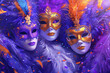 A trio of vibrant masquerade masks in blue and gold, nestled in a flurry of purple feathers, capturing the lively essence of carnival. AI Generated