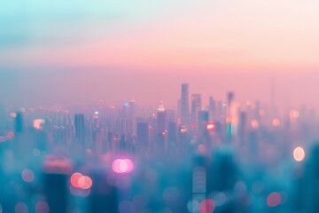 Wall Mural - Abstract beauty of a city at dusk captured in a soft-focus photo, showcasing blurred blue and pink hues of the city lights