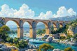 The historic Pont du Gard is depicted in a lavender twilight in this detailed AI-generated vector illustration. AI Generated.