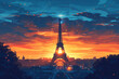 An AI-generated vector illustration capturing the iconic Eiffel Tower bathed in the warm hues of sunset, overlaid with a dynamic geometric pattern