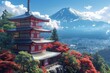 AI-generated vector composition showcasing a red pagoda with the majestic Mount Fuji and a clear blue sky, capturing the essence of Japan.