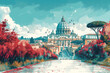 An enchanting vector illustration featuring St. Peter's Basilica set against a backdrop of autumn colors and a dynamic sky - AI Generated