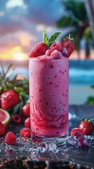 Wall Mural - A glass of pink drink with strawberries and raspberries on top