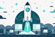 A vector art piece displaying a startup's rocket in an information orbit with data and technology elements, AI Generated