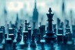 A commanding chess king towers over a cityscape, evoking themes of strategy and leadership in a monochromatic vector AI Generated.