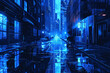 A rainy night in the city, with urban structures mirrored in puddles under neon lights, in vector style. AI Generated.