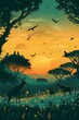A tranquil vector illustration captures deer and birds against a vibrant sunrise in a serene safari setting, depicting the essence of wilderness. AI Generated