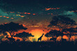 A dreamy vector tableau depicts a twilight safari scene with animals in silhouette against a radiant sunset backdrop. AI Generated