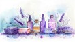 Bright watercolor composition displaying violet lavender, essential oil vials, and beauty cosmetics, artistically arrange against a pristine white background, capturing French cosmetic elegance