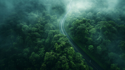 Wall Mural - A forest road with trees on both sides and a foggy atmosphere