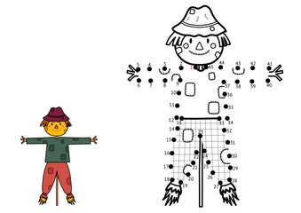 Poster - Dot to dot game for kids. Connect the dots and draw a cute scarecrow. Farm character puzzle activity page. Vector illustration
