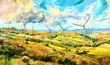 Colorful wind farm landscape painting