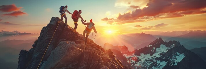 Wall Mural - A group of hikers helping each other to reach the top of the alpine mountain. Teamwork concept