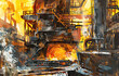 Abstract painting representing a bustling industrial scene with vivid colors