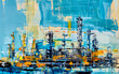 Vibrant abstract painting of an industrial skyline with dynamic brushstrokes and bold colors